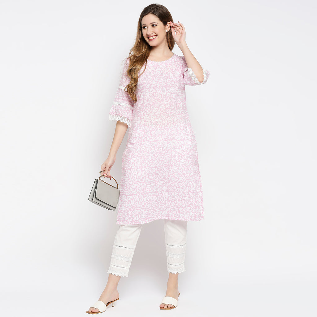 Women's Light Pink Cotton Printed Kurta