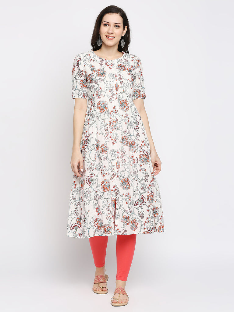 Women's Off White Cotton Printed Kurta