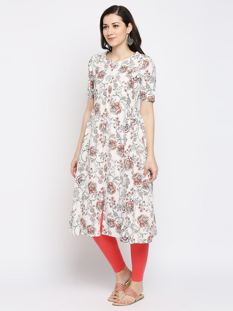 Women's Off White Cotton Printed Kurta