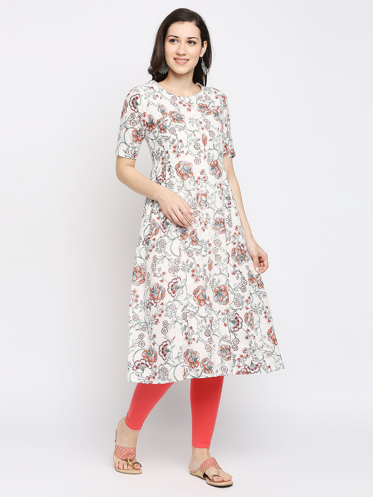 Women's Off White Cotton Printed Kurta