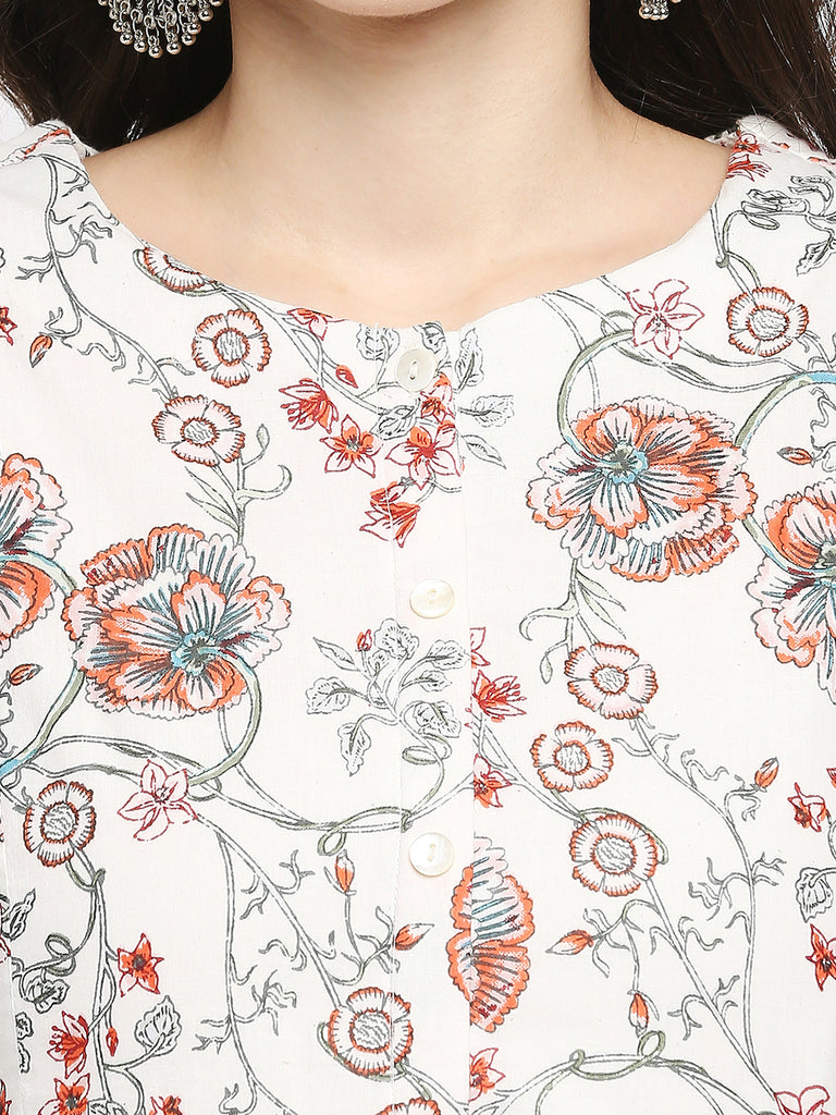 Women's Off White Cotton Printed Kurta