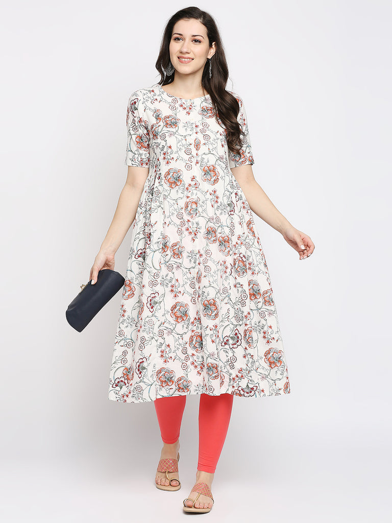 Women's Off White Cotton Printed Kurta