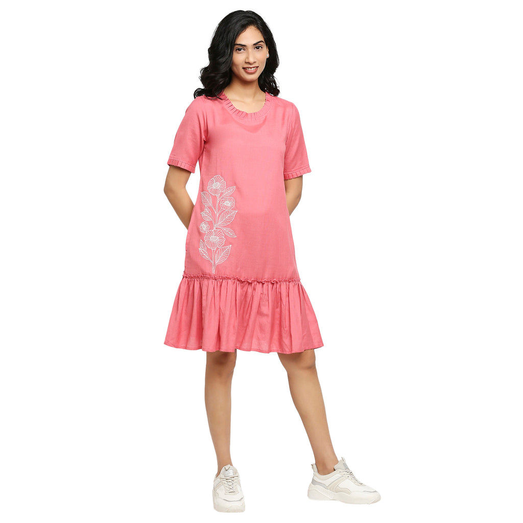 Women's Pink Rayon Embroidered Dress