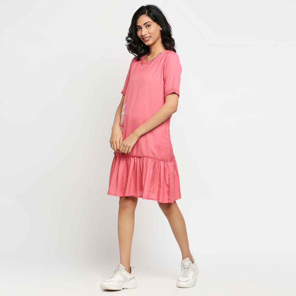 Women's Pink Rayon Embroidered Dress