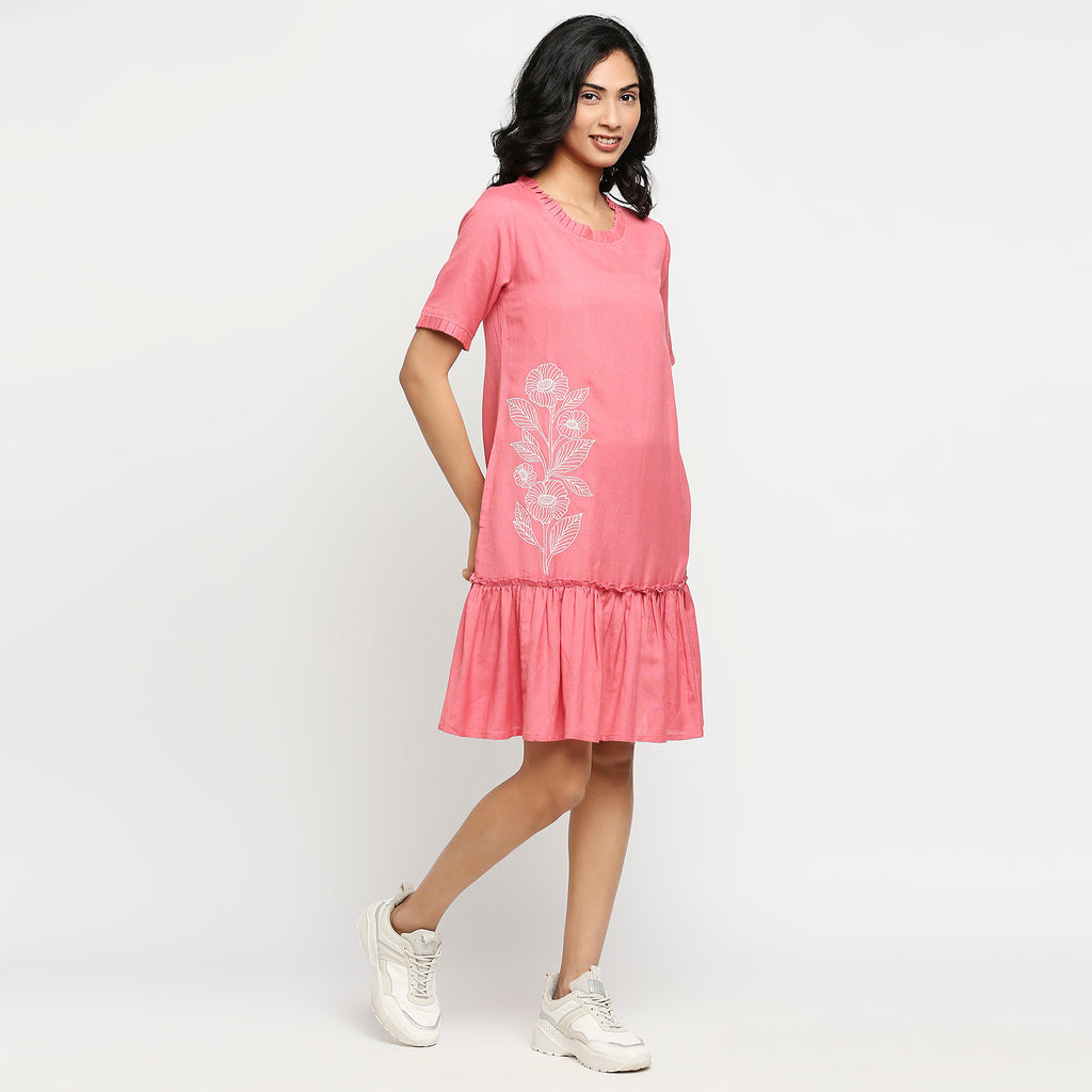 Women's Pink Rayon Embroidered Dress