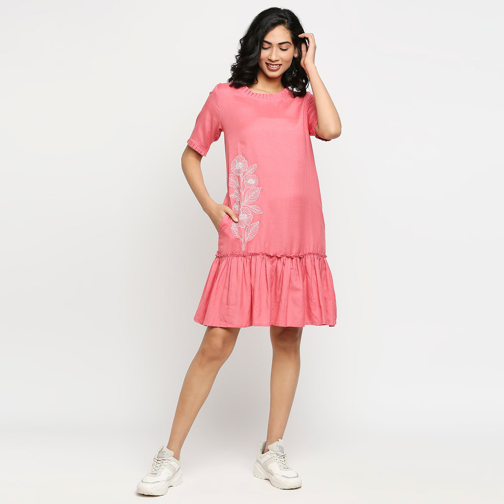Women's Pink Rayon Embroidered Dress