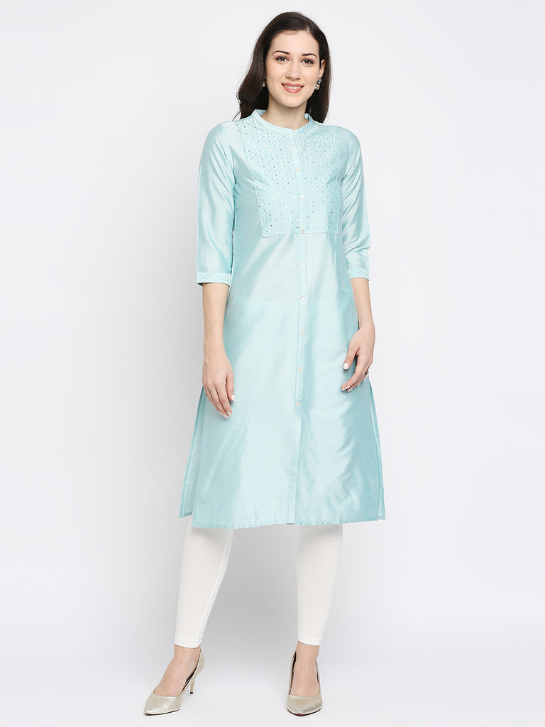 Women's Turq Viscose Embroidered Kurta