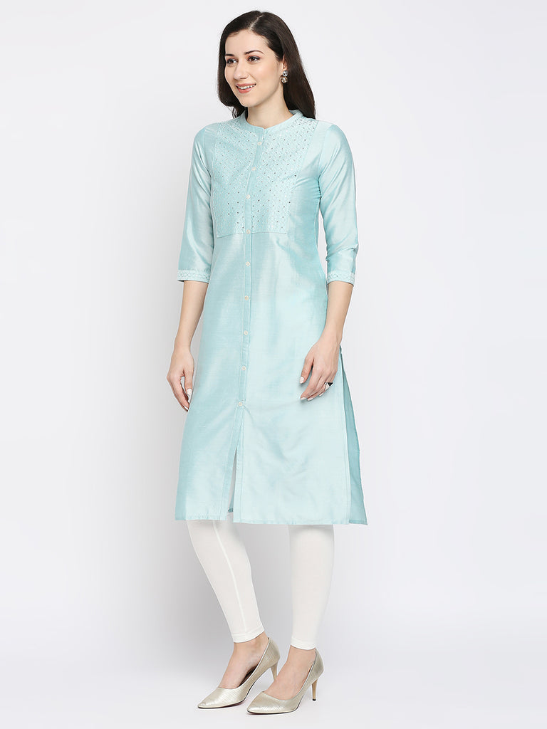 Women's Turq Viscose Embroidered Kurta
