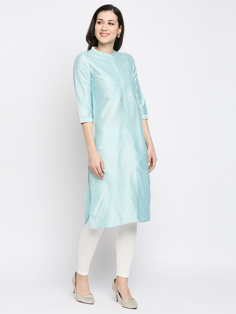 Women's Turq Viscose Embroidered Kurta