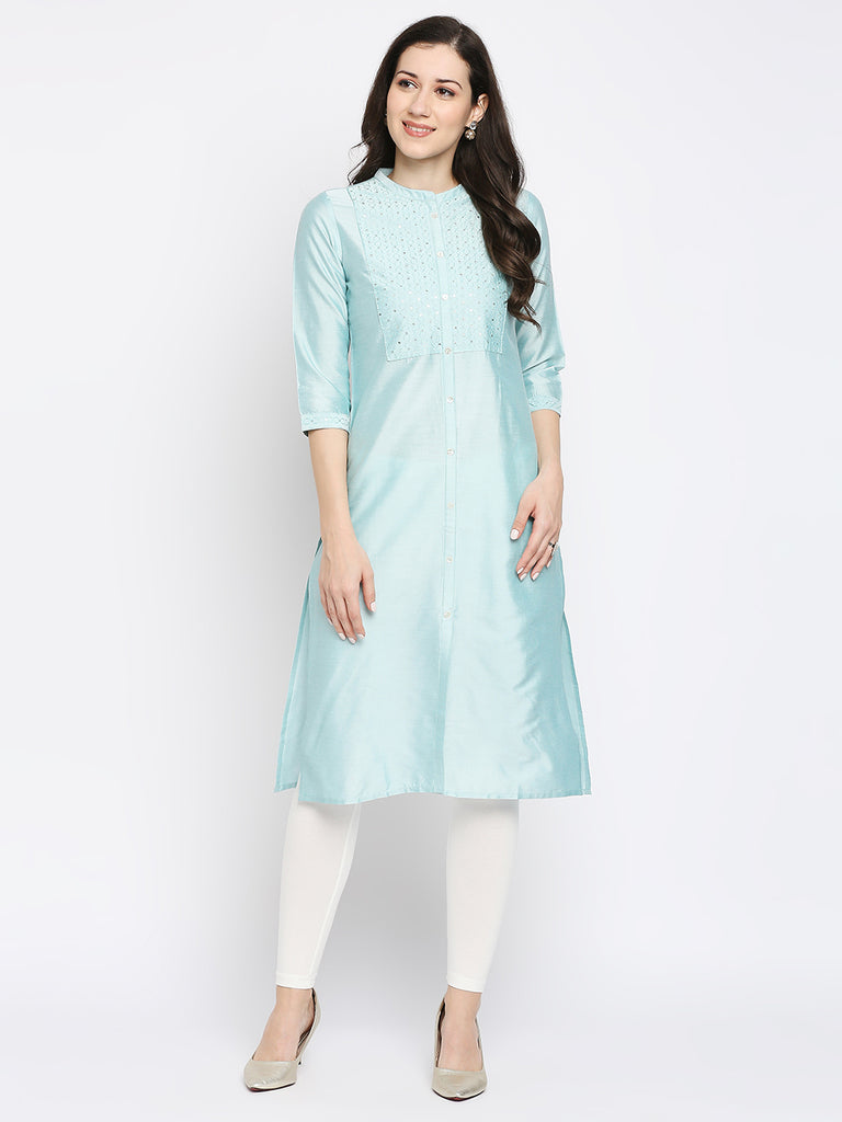 Women's Turq Viscose Embroidered Kurta