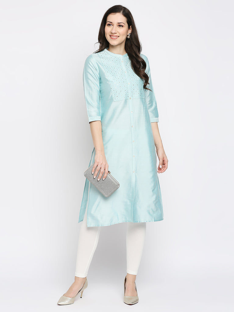 Women's Turq Viscose Embroidered Kurta