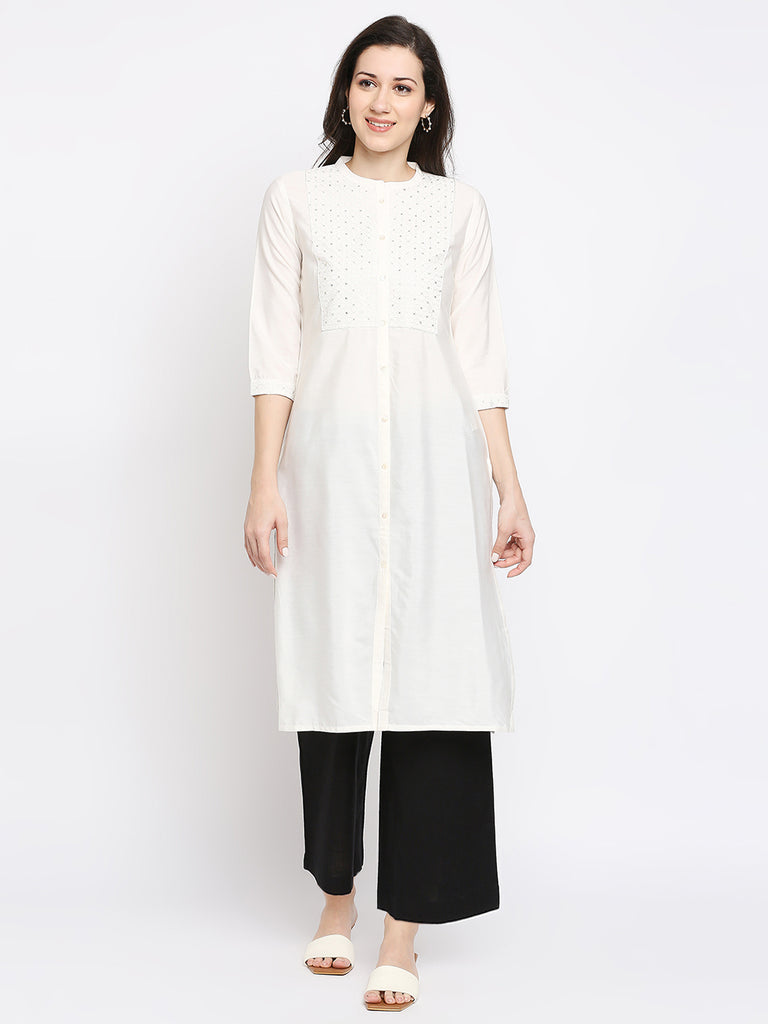 Women's Cream Viscose Embroidered Kurta