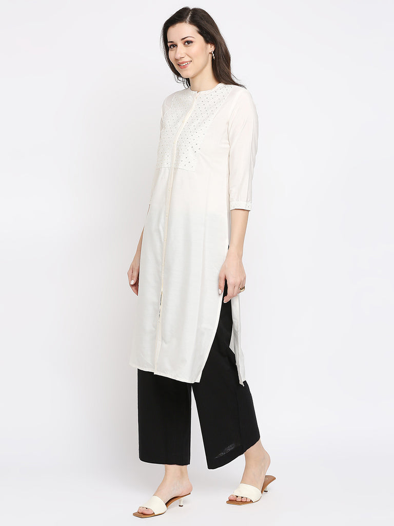 Women's Cream Viscose Embroidered Kurta