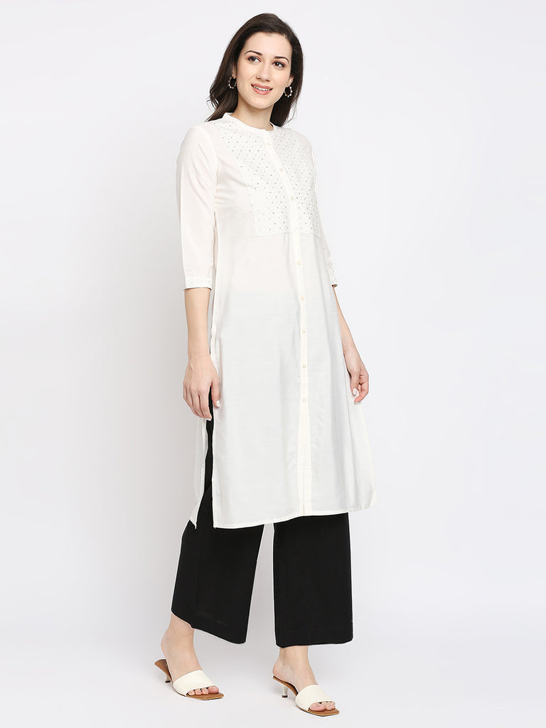 Women's Cream Viscose Embroidered Kurta