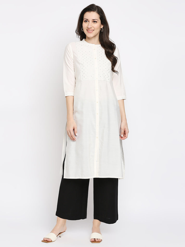 Women's Cream Viscose Embroidered Kurta