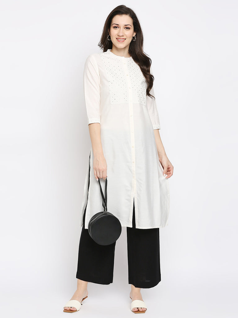 Women's Cream Viscose Embroidered Kurta