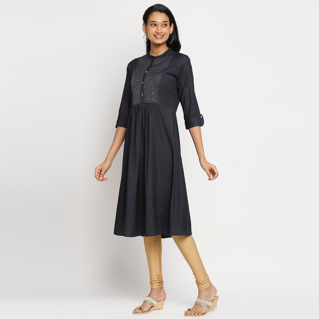 Women's Navy Gadhwaal Embroidered Kurta