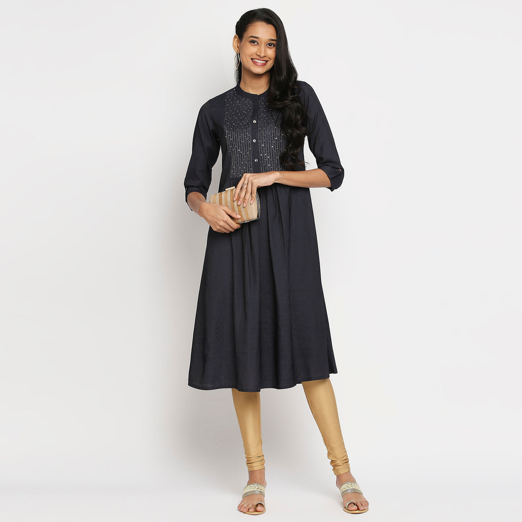 Women's Navy Gadhwaal Embroidered Kurta