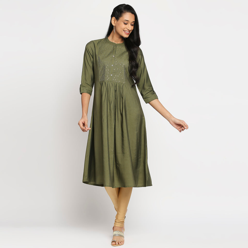 Women's Camo Green Gadhwaal Embroidered Kurta