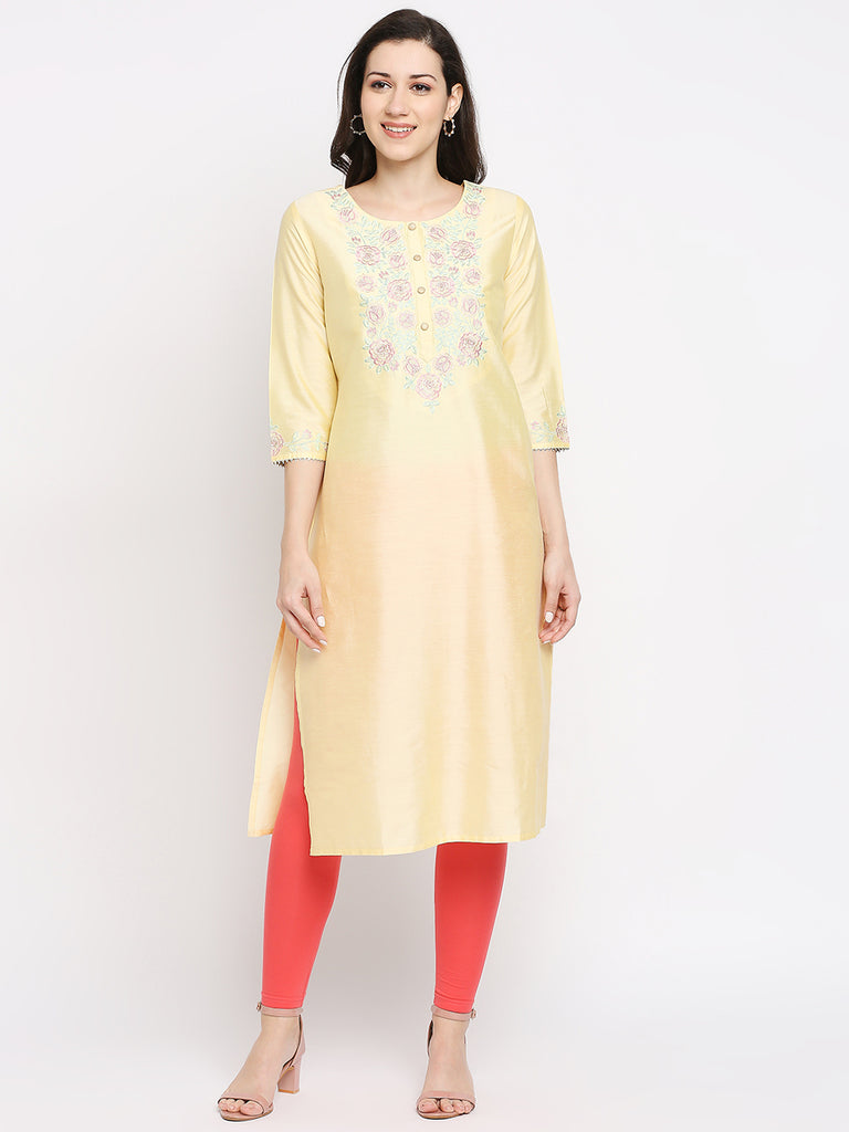 Women's Lemon Yellow Viscose Embroidered Kurta