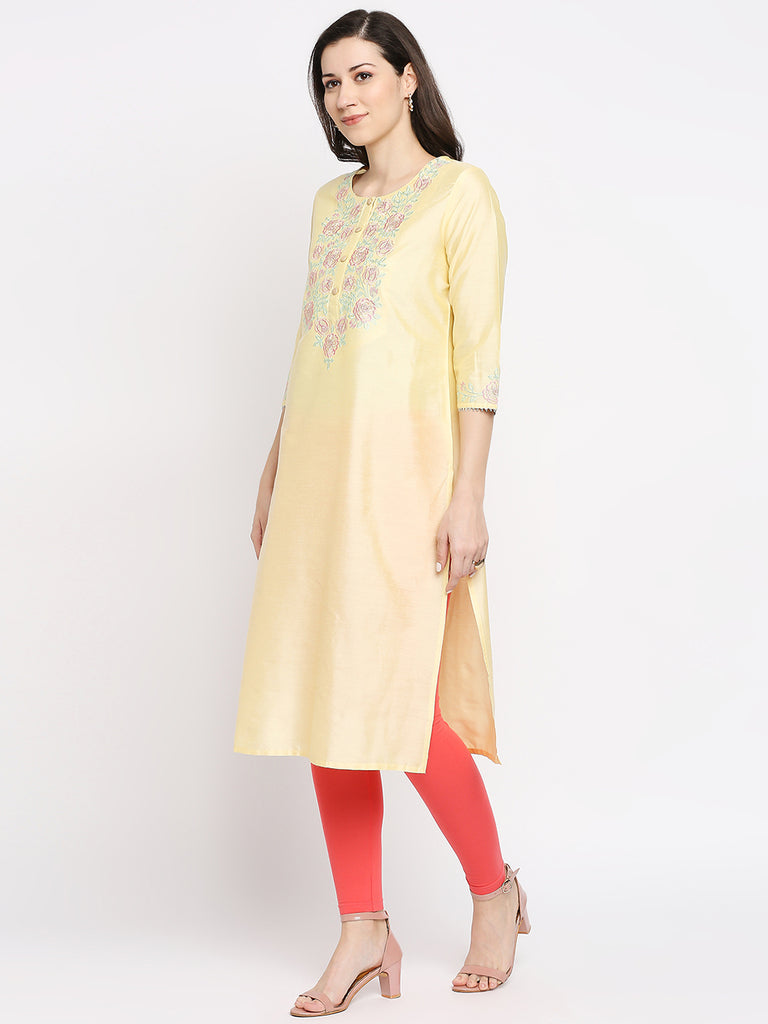 Women's Lemon Yellow Viscose Embroidered Kurta