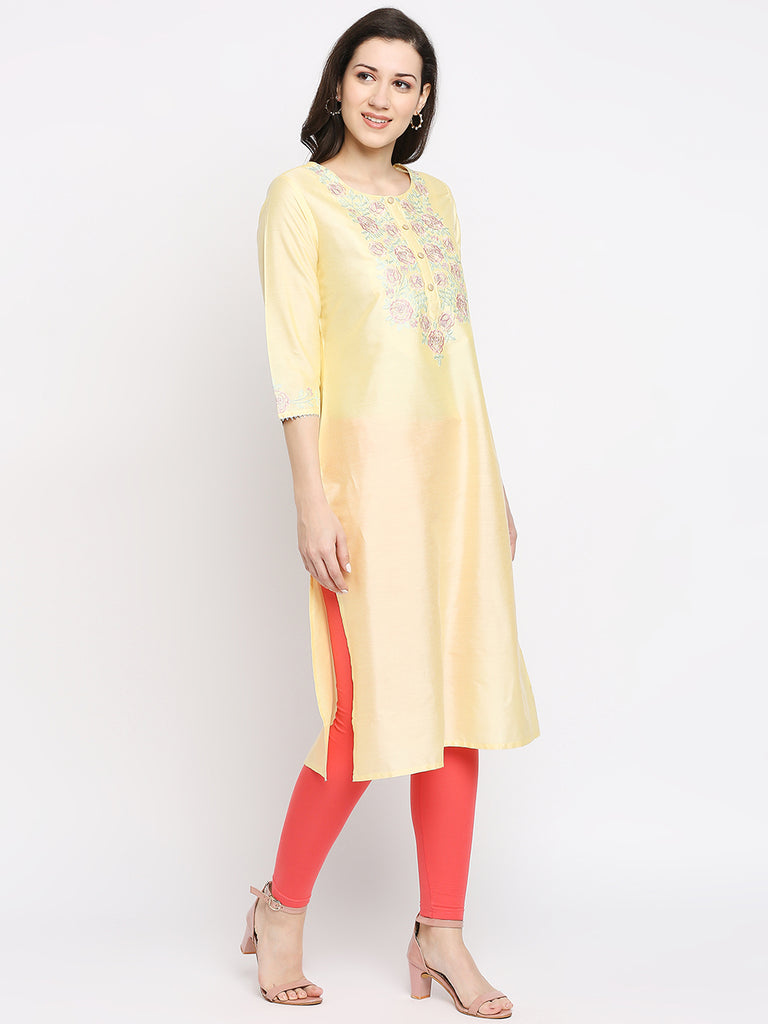 Women's Lemon Yellow Viscose Embroidered Kurta
