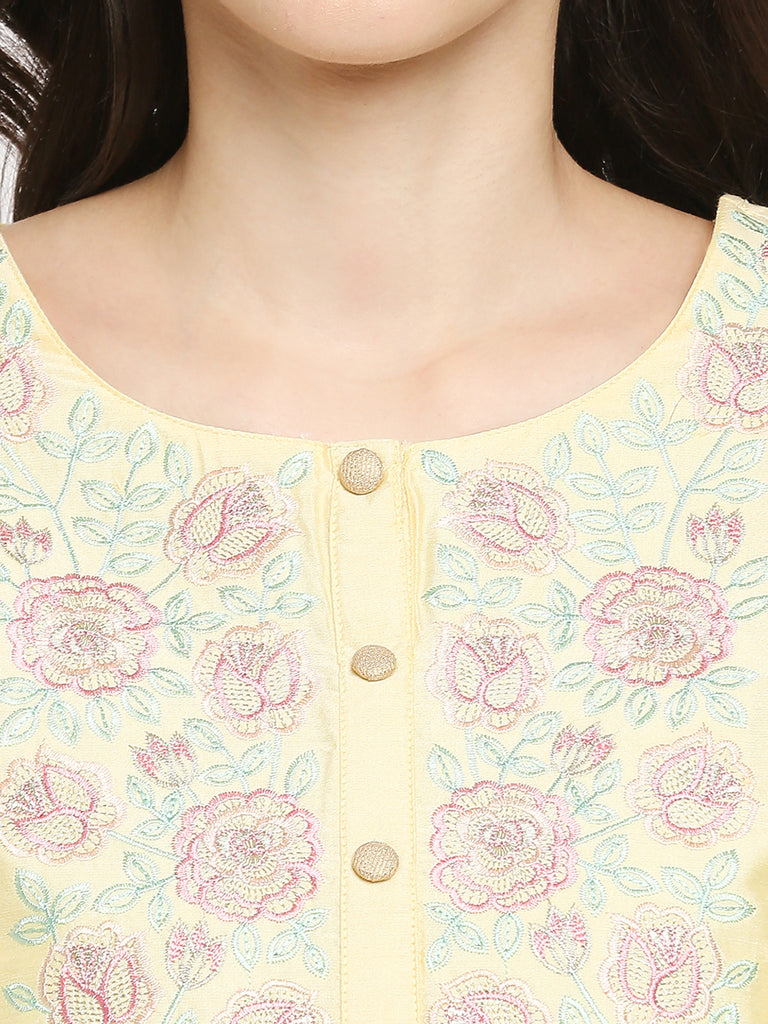 Women's Lemon Yellow Viscose Embroidered Kurta