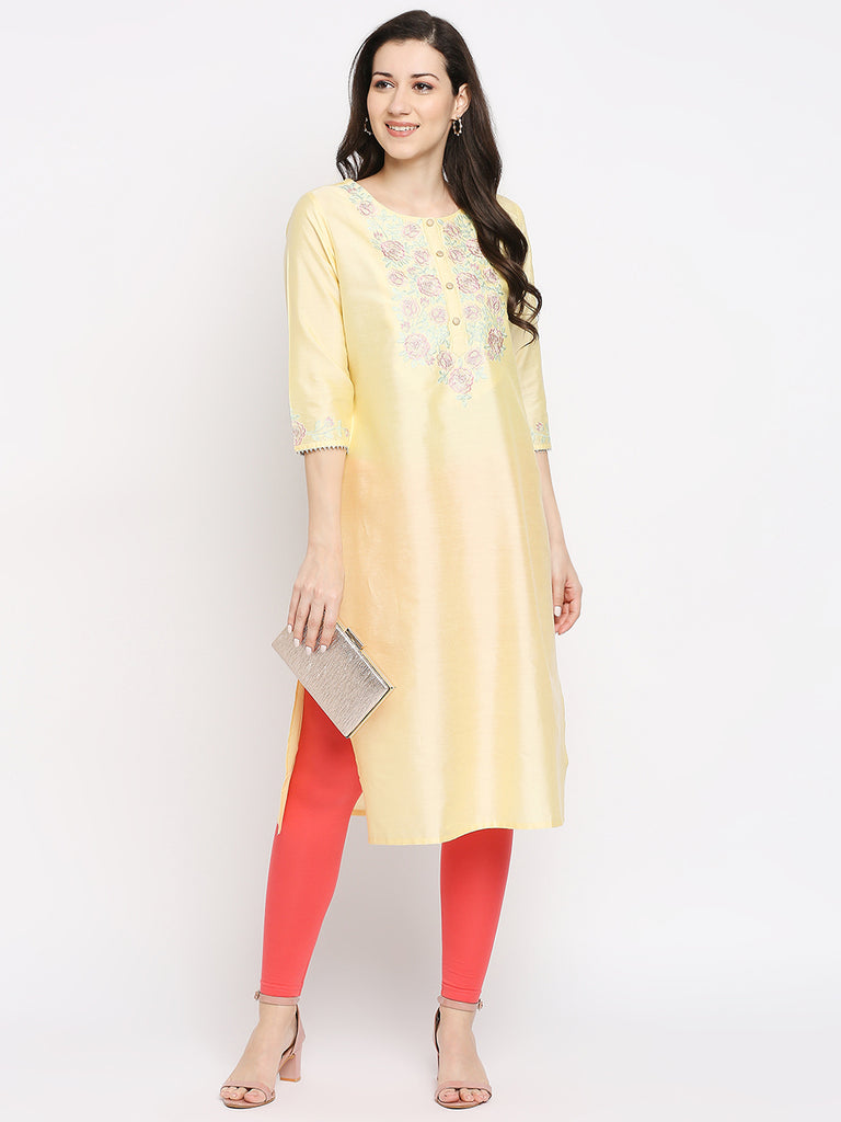 Women's Lemon Yellow Viscose Embroidered Kurta