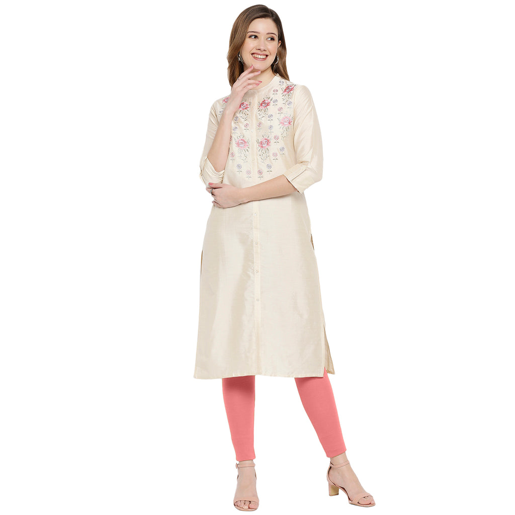 Women Beige Viscose Embroidered Kurta