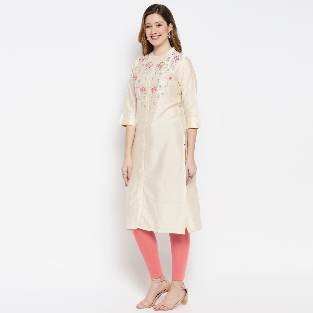 Women Beige Viscose Embroidered Kurta