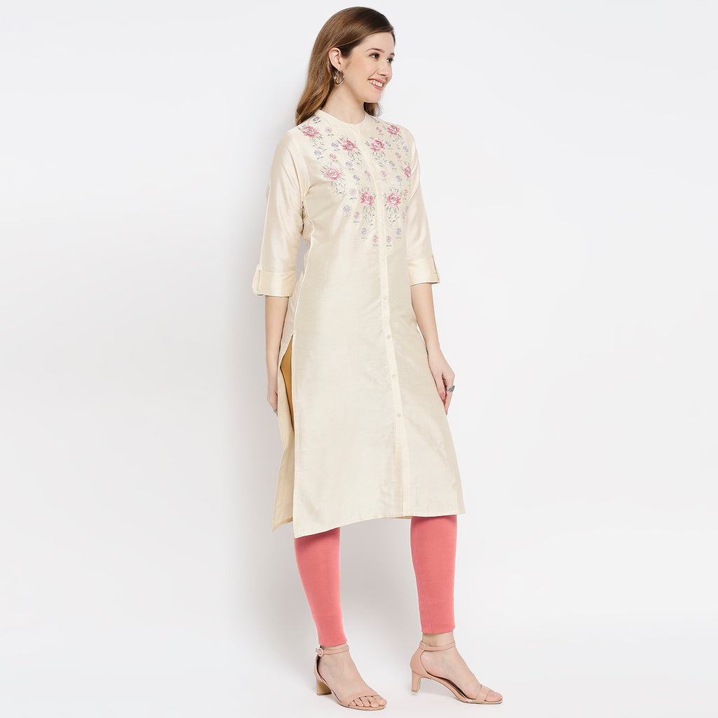 Women Beige Viscose Embroidered Kurta