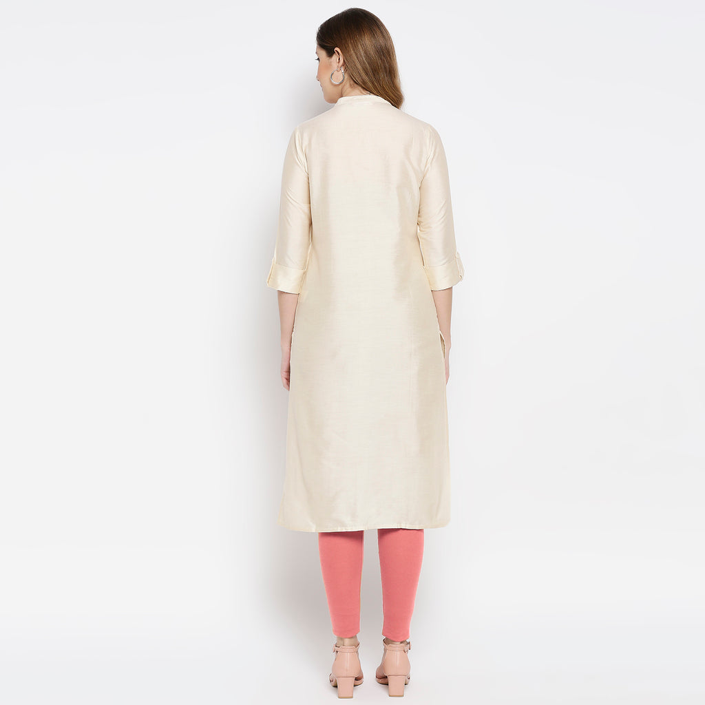 Women Beige Viscose Embroidered Kurta