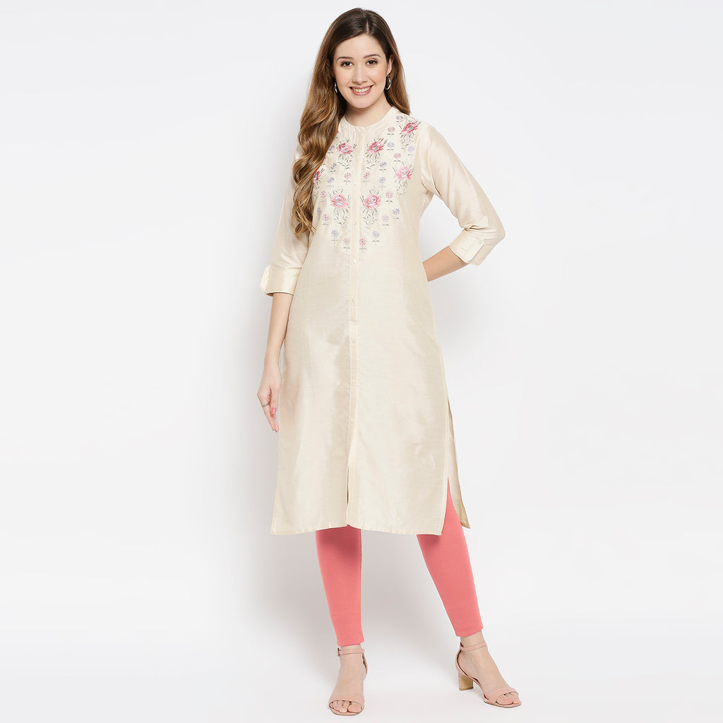 Women Beige Viscose Embroidered Kurta