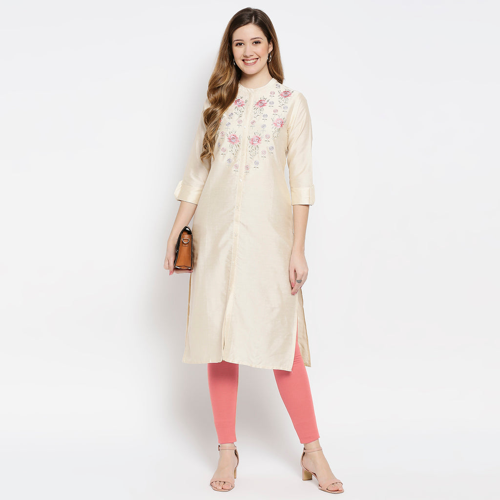 Women Beige Viscose Embroidered Kurta