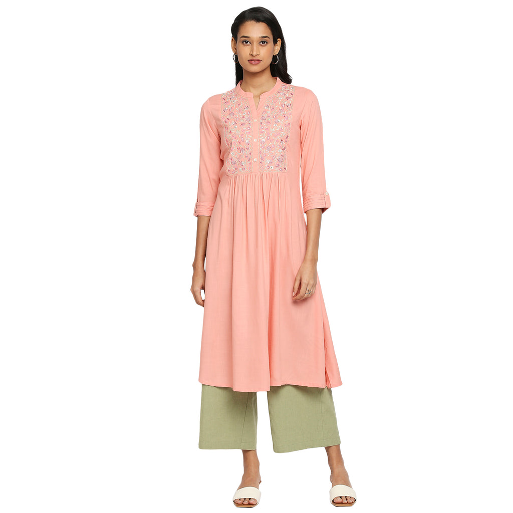 Women's Peach Viscose Embroidered Kurta
