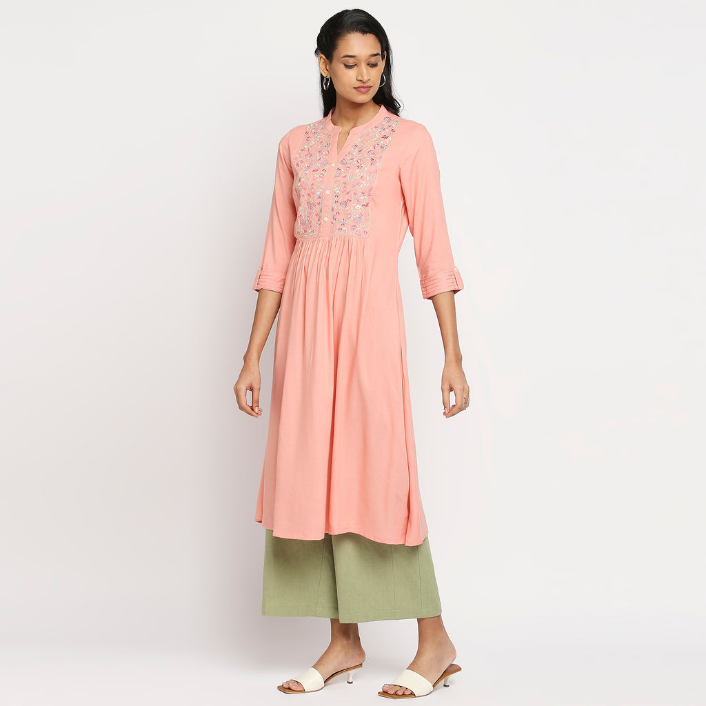 Women's Peach Viscose Embroidered Kurta