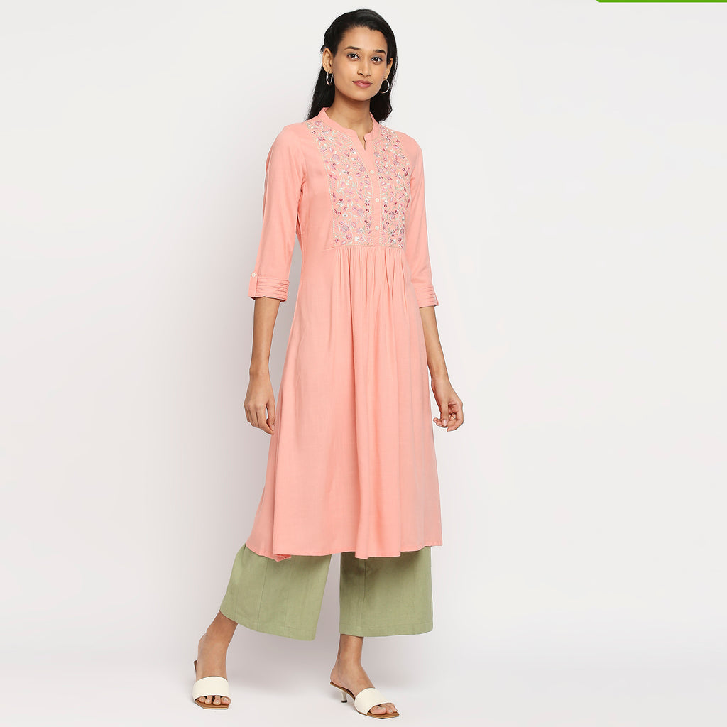 Women's Peach Viscose Embroidered Kurta