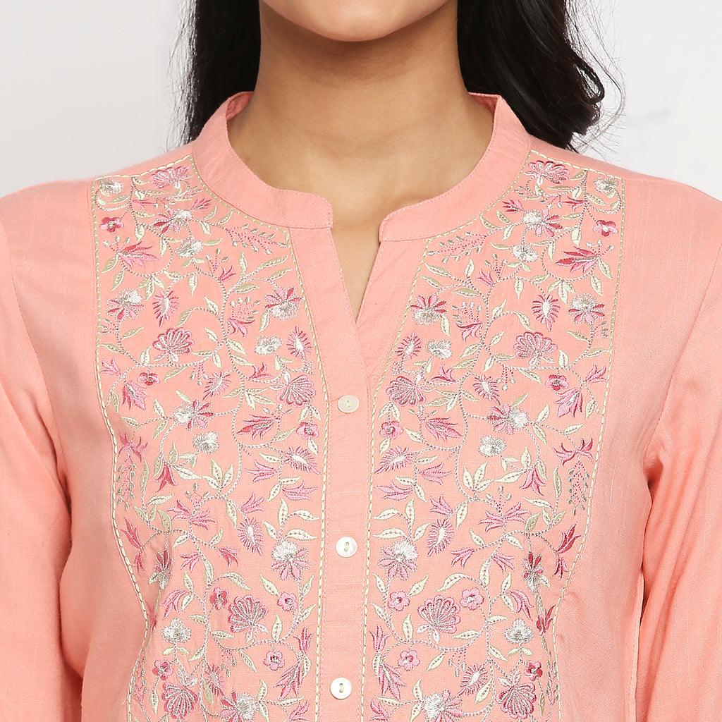 Women's Peach Viscose Embroidered Kurta