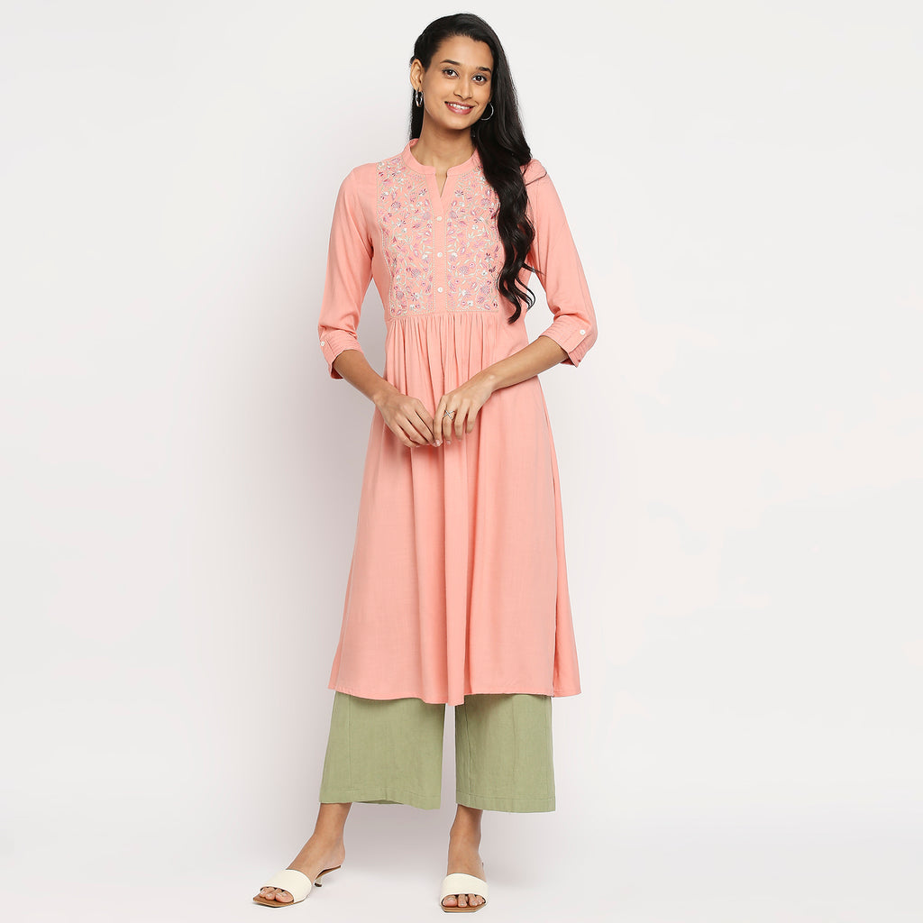 Women's Peach Viscose Embroidered Kurta
