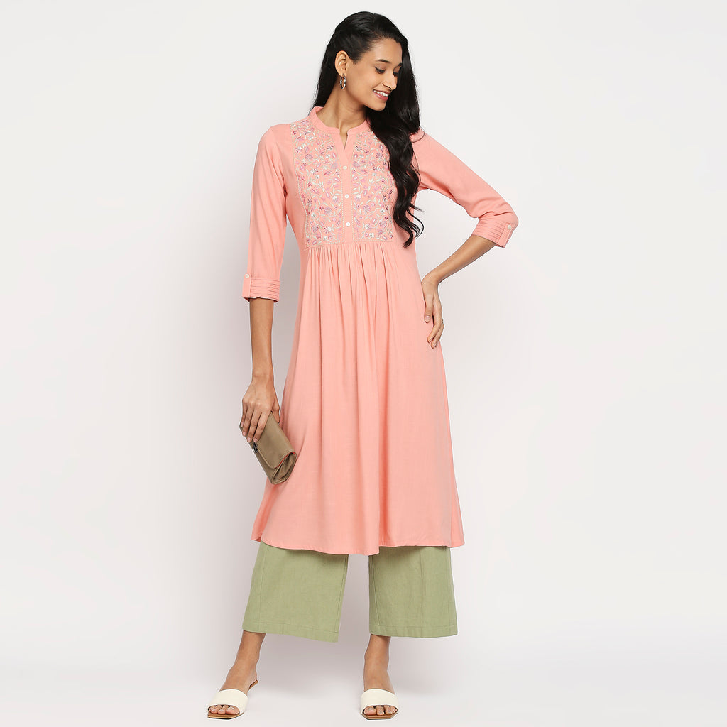 Women's Peach Viscose Embroidered Kurta