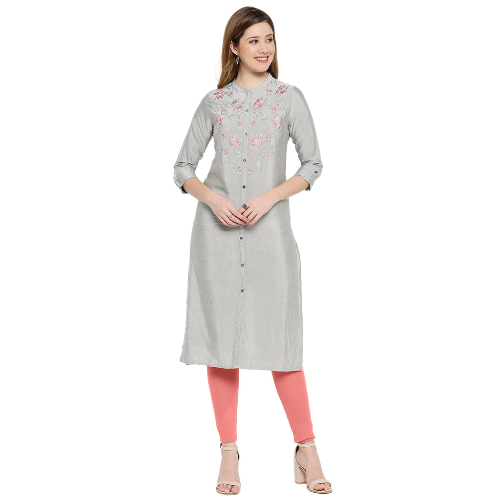 Women Grey Viscose Embroidered Kurta