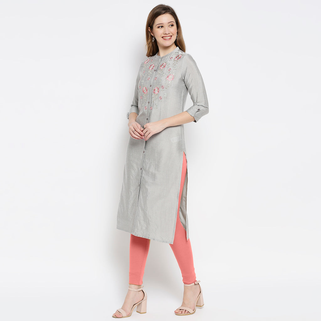 Women Grey Viscose Embroidered Kurta