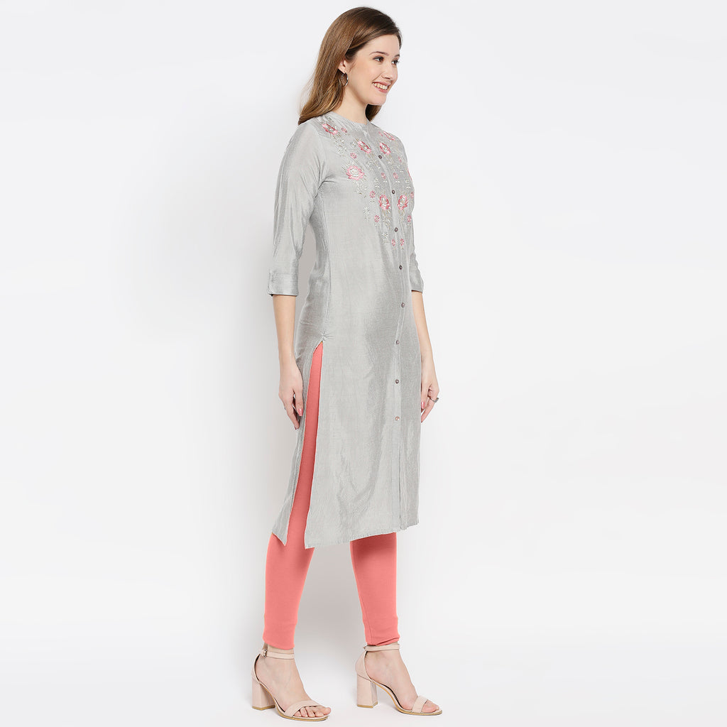 Women Grey Viscose Embroidered Kurta