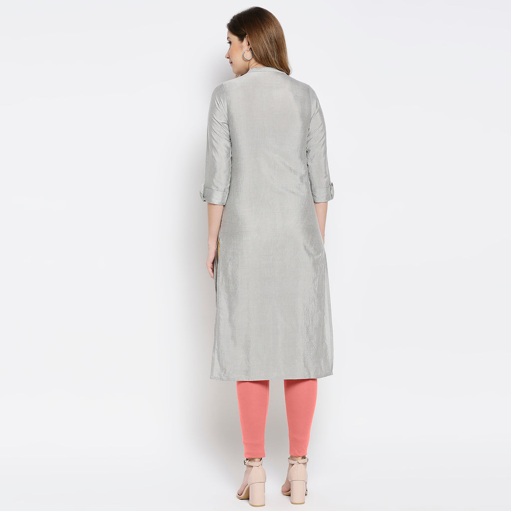 Women Grey Viscose Embroidered Kurta