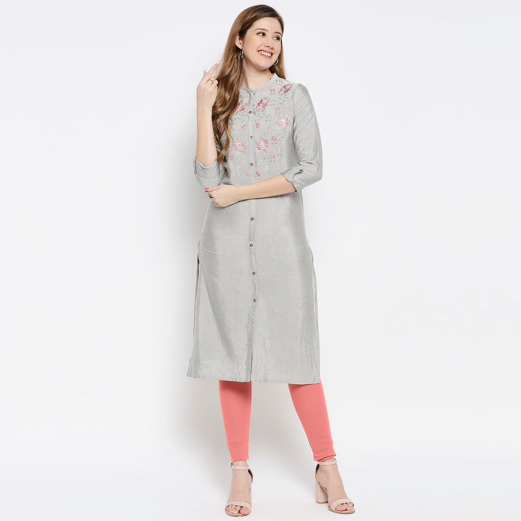 Women Grey Viscose Embroidered Kurta