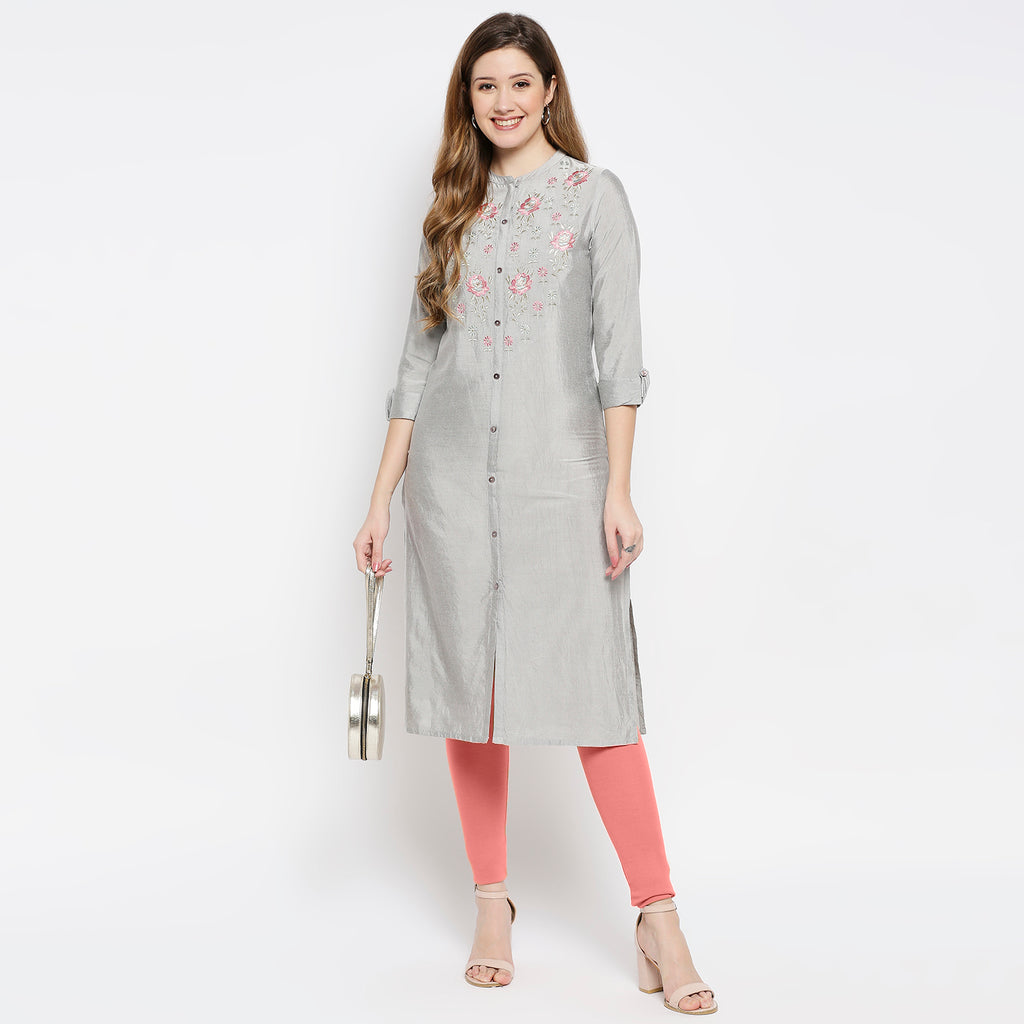 Women Grey Viscose Embroidered Kurta