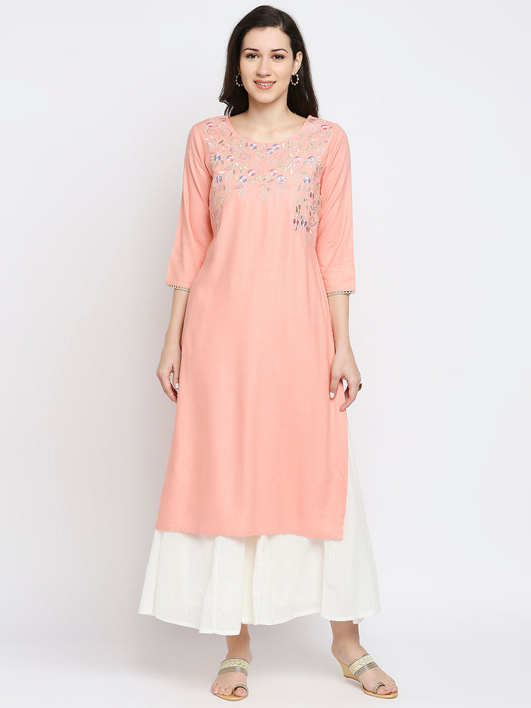 Women's Peach Viscose Embroidered Kurta