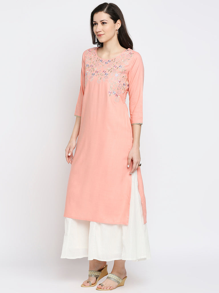 Women's Peach Viscose Embroidered Kurta