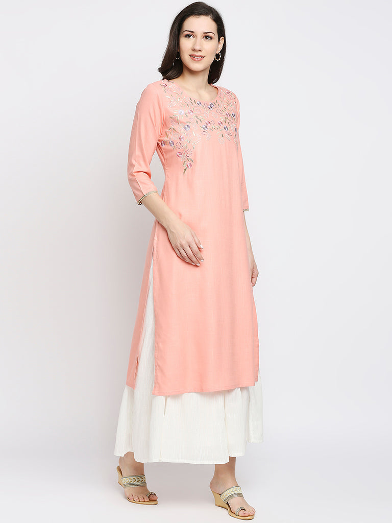 Women's Peach Viscose Embroidered Kurta