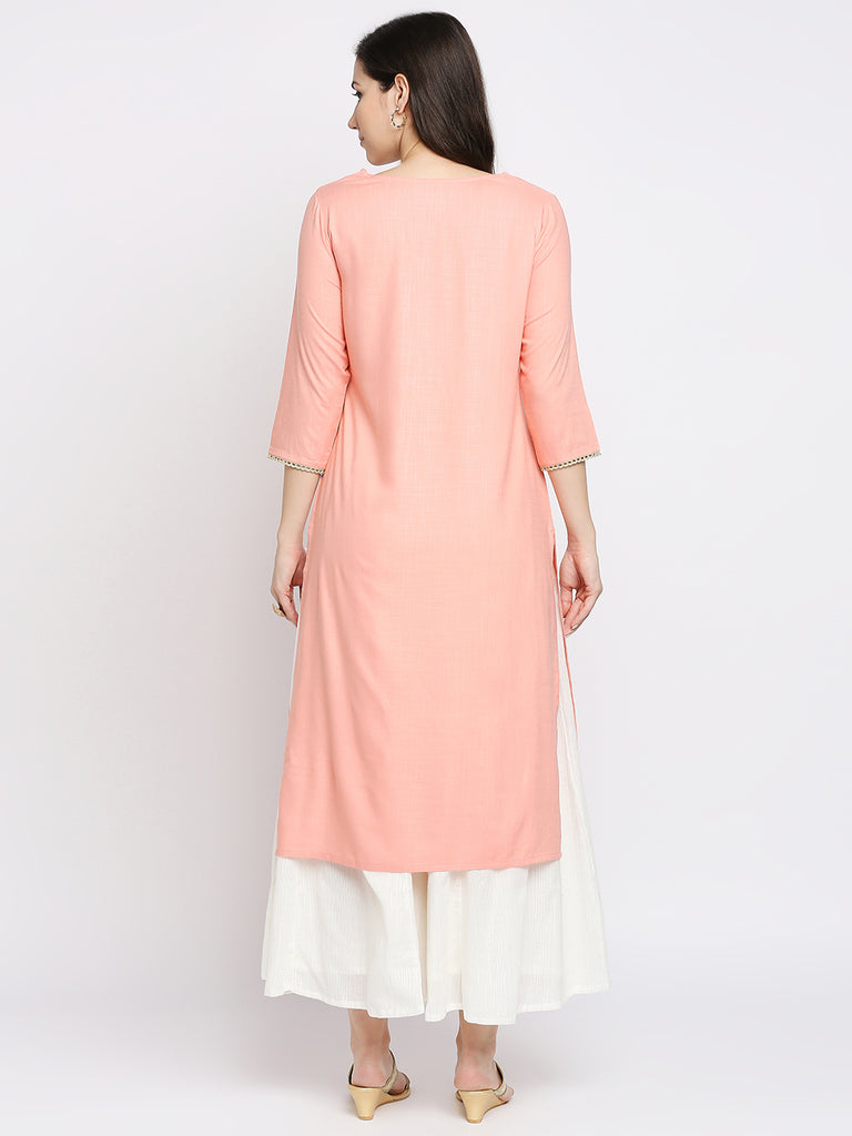 Women's Peach Viscose Embroidered Kurta
